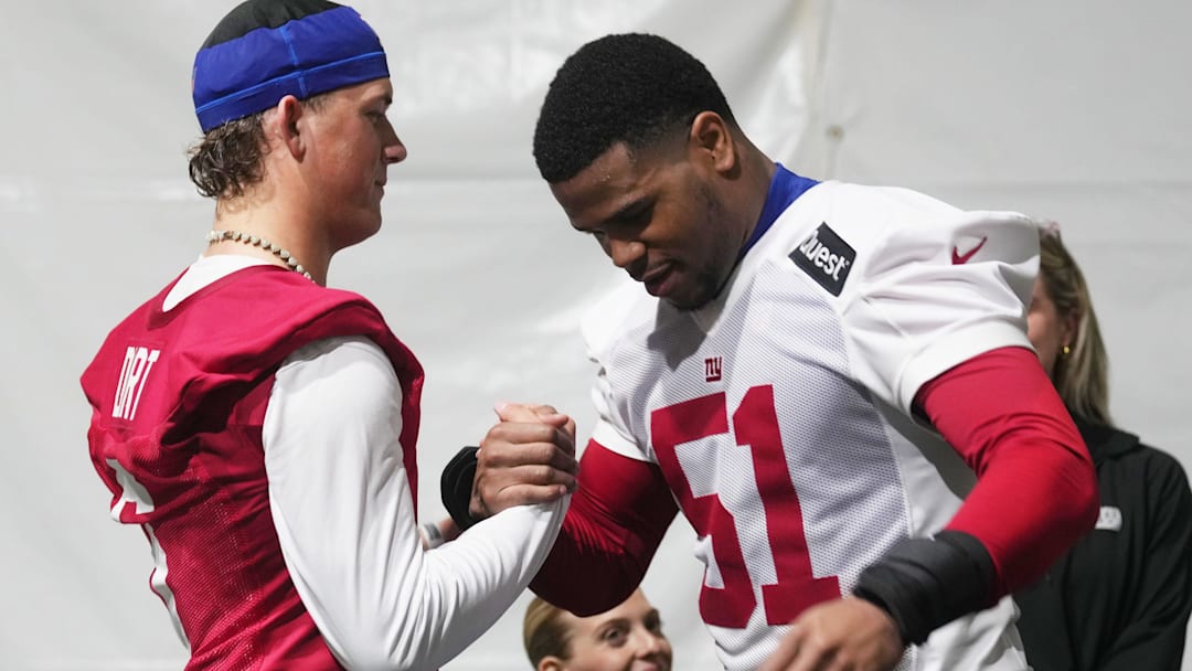Eat Rutherford, NJ -- May 9, 2025 -- Jaxson Dart with Abdul Carter after Carter spoke to the media following practice at Giants Rookie Minicamp.