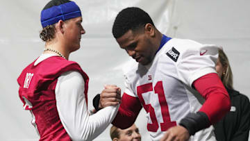 Eat Rutherford, NJ -- May 9, 2025 -- Jaxson Dart with Abdul Carter after Carter spoke to the media following practice at Giants Rookie Minicamp.