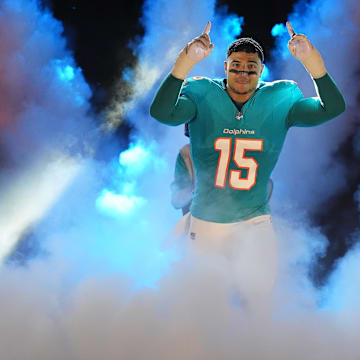 Miami Dolphins linebacker Jaelan Phillips (15) takes the field prior to the game against the Tennessee Titans at Hard Rock Stadium. 