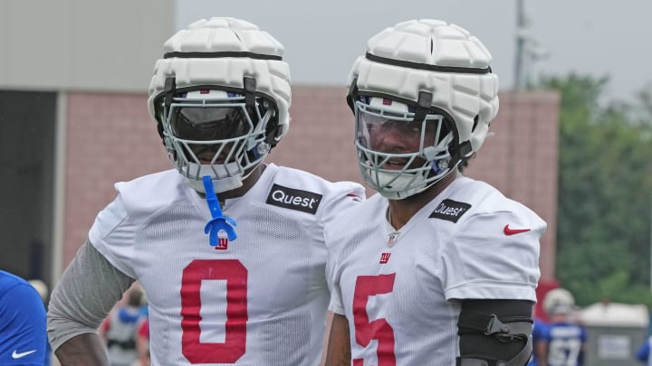 East Rutherford, NJ -- July 24, 2024 -- Outside linebackers, Brian Burns and Kayvon Thibodeaux during the first day of training camp for the 2024 New York Giants.