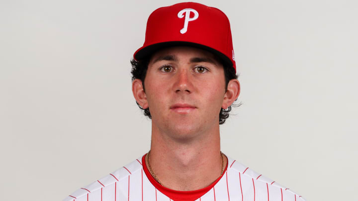 Feb 23, 2023; Clearwater, FL, USA; Philadelphia Phillies pitcher Andrew Painter (76) during photo day at BayCare Ballpark