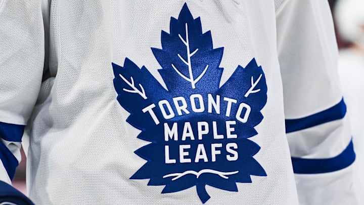 Jan 18, 2025; Montreal, Quebec, CAN; View of a Toronto Maple Leafs logo on a jersey worn by a member of the team during the second period at Bell Centre. 