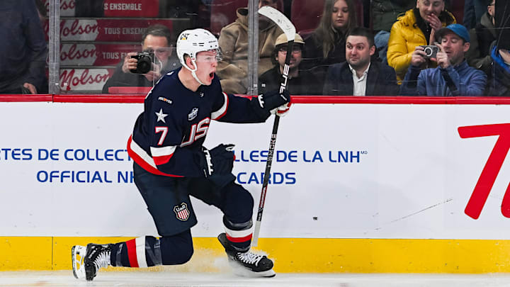 Team USA forward Brady Tkachuk celebrates a goal against Team Finland during the 4 Nations Face-Off. Team USA forward Brady Tkachuk celebrates a goal against Team Finland during the 4 Nations Face-Off.