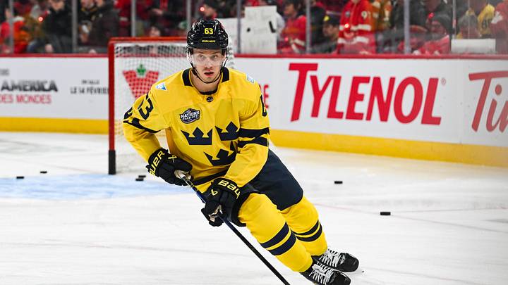 Feb 12, 2025; Montreal, Quebec, CAN; [Imagn Images direct customers only] Team Sweden forward Jesper Bratt (63) skates with a puck in warm-up before the game against Team Canada during a 4 Nations Face-Off ice hockey game at Bell Centre. Mandatory Credit: David Kirouac-Imagn Images