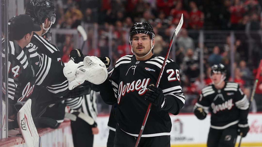 New Jersey Devils right wing Timo Meier (28) celebrates his goal: Ed Mulholland-Imagn Images