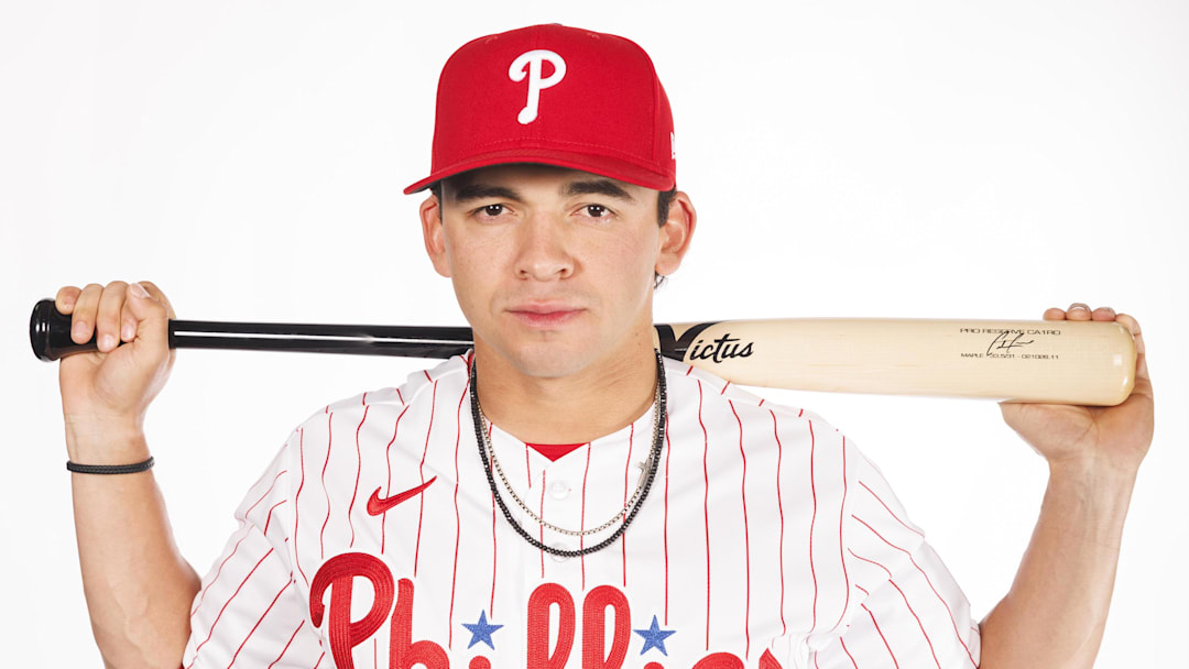 Feb 19, 2026; Clearwater, FL, USA; Philadelphia Phillies infielder Christian Cairo (70) poses for media day. Mandatory Credit: Morgan Tencza-Imagn Images