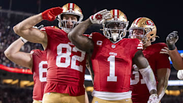 December 30, 2024; Santa Clara, California, USA; San Francisco 49ers wide receiver Deebo Samuel Sr. (1) celebrates scoring a touchdown against the Detroit Lions during the third quarter at Levi's Stadium. Mandatory Credit: Kyle Terada-Imagn Images
