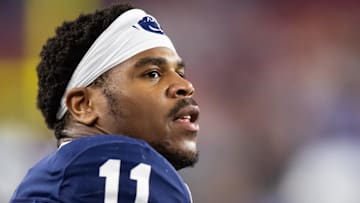 Dec 31, 2024; Glendale, AZ, USA; Penn State Nittany Lions defensive end Abdul Carter (11) against the Boise State Broncos in the Fiesta Bowl at State Farm Stadium. Mandatory Credit: Mark J. Rebilas-Imagn Images