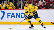 Feb 12, 2025; Montreal, Quebec, CAN; [Imagn Images direct customers only] Team Sweden forward William Nylander (88) plays the puck against Team Canada in overtime during a 4 Nations Face-Off ice hockey game at Bell Centre. Mandatory Credit: David Kirouac-Imagn Images