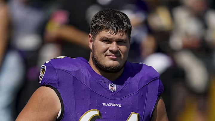 Sep 14, 2025; Baltimore, Maryland, USA; Baltimore Ravens center Tyler Linderbaum (64) before the game against the Cleveland Browns at M&T Bank Stadium. Mandatory Credit: Mitch Stringer-Imagn Images