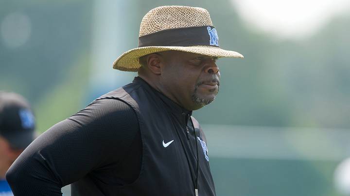 Memphis football head coach Charles Huff watches his players run a drill during fall practice at the Billy J. Murphy Athletic Complex in Memphis, Tenn., on July 30, 2026.