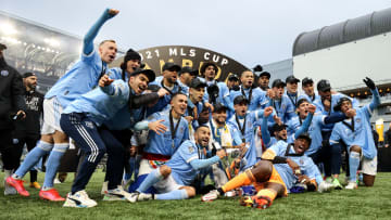 The New York City FC team celebrates a title.