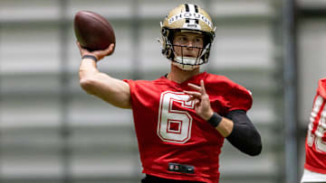 May 10, 2025; New Orleans, LA, USA;  New Orleans Saints quarterback Tyler Shough (6) during rookie minicamp at Ochsner Sports Performance Center. Mandatory Credit: Stephen Lew-Imagn Images