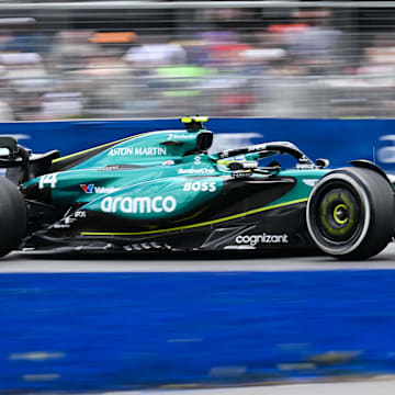 Jun 8, 2024; Montreal, Quebec, CAN; Aston Martin driver Fernando Alonso (ESP) races during FP3 practice session of the Canadian Grand Prix at Circuit Gilles Villeneuve. Mandatory Credit: David Kirouac-Imagn Images