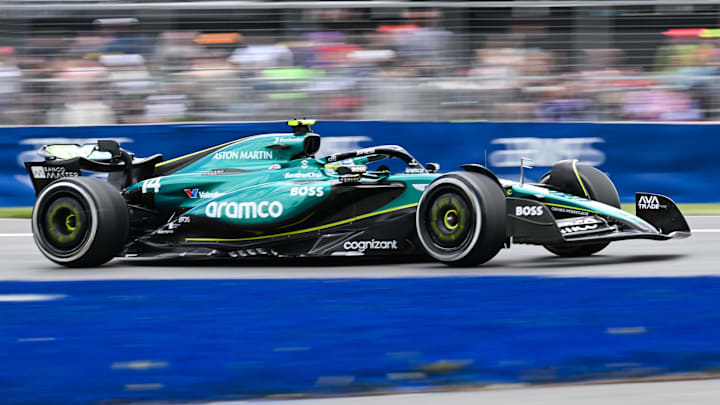 Jun 8, 2024; Montreal, Quebec, CAN; Aston Martin driver Fernando Alonso (ESP) races during FP3 practice session of the Canadian Grand Prix at Circuit Gilles Villeneuve. Mandatory Credit: David Kirouac-Imagn Images