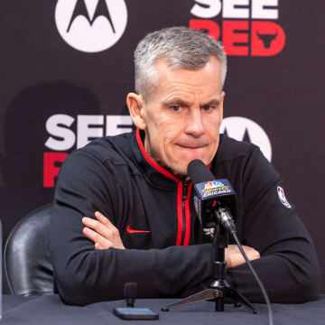 Feb 25, 2024; New Orleans, Louisiana, USA;  Chicago Bulls head coach Billy Donovan talks to the media before the game against the New Orleans Pelicans at Smoothie King Center. Mandatory Credit: Stephen Lew-USA TODAY Sports