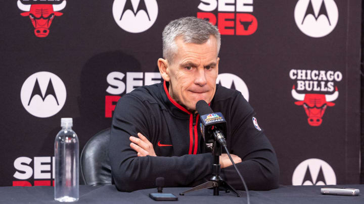 Feb 25, 2024; New Orleans, Louisiana, USA;  Chicago Bulls head coach Billy Donovan talks to the media before the game against the New Orleans Pelicans at Smoothie King Center. Mandatory Credit: Stephen Lew-USA TODAY Sports