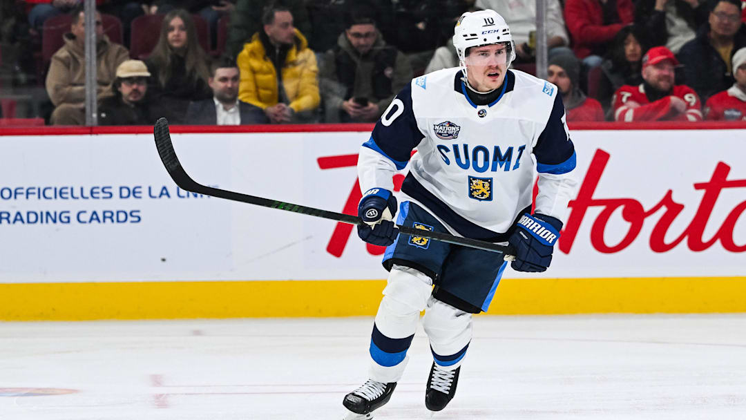 Feb 13, 2025; Montreal, Quebec, CAN; [Imagn Images direct customers only] Team Finland defenseman Henri Jokiharju (10) skates against Team USA in the third period during a 4 Nations Face-Off ice hockey game at Bell Centre. Mandatory Credit: David Kirouac-Imagn Images