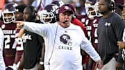 Texas A&M Aggies head coach Mike Elko reacts against the Auburn Tigers during the fourth quarter at Kyle Field. Mandatory Credit: Maria Lysaker-Imagn Images 