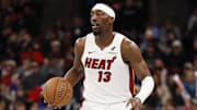 Nov 21, 2025; Chicago, Illinois, USA; Miami Heat center Bam Adebayo (13) brings the ball up court against the Chicago Bulls during the second half at United Center. Mandatory Credit: Kamil Krzaczynski-Imagn Images