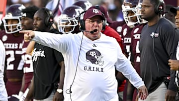 Texas A&M Aggies head coach Mike Elko reacts against the Auburn Tigers during the fourth quarter at Kyle Field. Mandatory Credit: Maria Lysaker-Imagn Images 