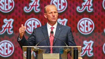 Jul 16, 2025; Atlanta, GA, USA; University of Alabama head coach Kalen Deboer talks to the media during the SEC Media Days at Omni Atlanta Hotel. Mandatory Credit: Jordan Godfree-Imagn Images