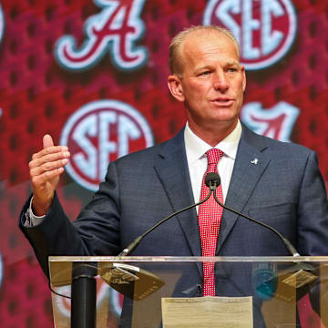 Jul 16, 2025; Atlanta, GA, USA; University of Alabama head coach Kalen Deboer talks to the media during the SEC Media Days at Omni Atlanta Hotel. Mandatory Credit: Jordan Godfree-Imagn Images