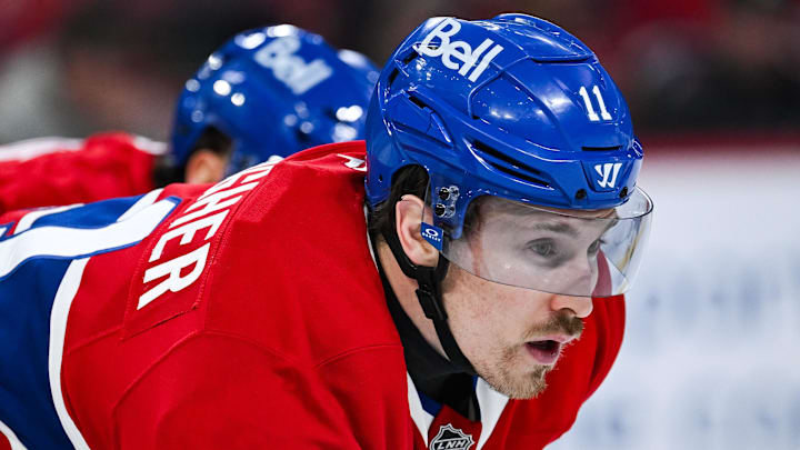 Jan 12, 2026; Montreal, Quebec, CAN; Montreal Canadiens right wing Brendan Gallagher (11) waits for a face-off against the Vancouver Canucks during the third period at Bell Centre. Mandatory Credit: David Kirouac-Imagn Images