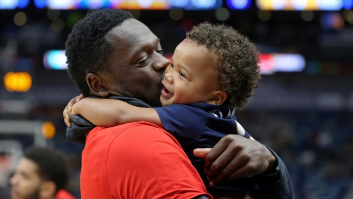 Feb 23, 2019; New Orleans, LA, USA; New Orleans Pelicans center Julius Randle (30) kisses his son, Kayden Randle, 2, before their game against the Los Angeles Lakers at the Smoothie King Center. Mandatory Credit: Chuck Cook-USA TODAY Sports