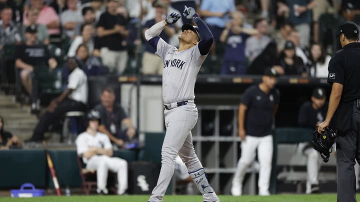 Aug 13, 2024; Chicago, Illinois, USA; New York Yankees outfielder Juan Soto (22) celebrates as he crosses home plate after hitting a solo home run against the Chicago White Sox during the seventh inning at Guaranteed Rate Field. Mandatory Credit: Kamil Krzaczynski-USA TODAY Sports