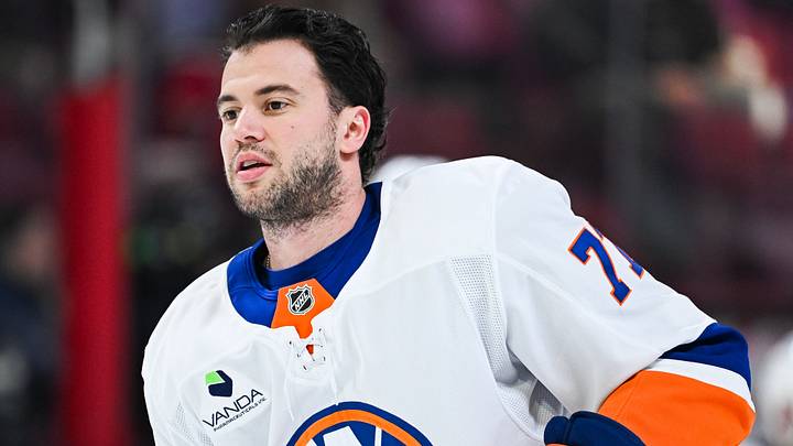 Mar 21, 2026; Montreal, Quebec, CAN; New York Islanders defenseman Tony DeAngelo (77) looks on during warm-up before the game against the Montreal Canadiens at Bell Centre. Mar 21, 2026; Montreal, Quebec, CAN; New York Islanders defenseman Tony DeAngelo (77) looks on during warm-up before the game against the Montreal Canadiens at Bell Centre.