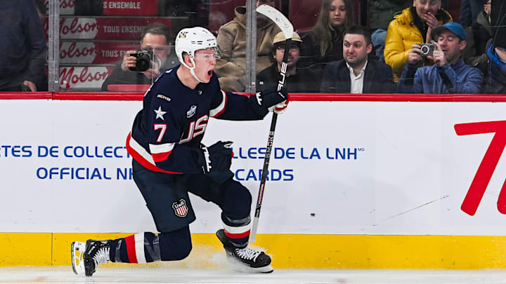 Feb 13, 2025; Montreal, Quebec, CAN; [Imagn Images direct customers only] Team USA forward Brady Tkachuk (7) celebrates his goal against Team Finland in the third period during a 4 Nations Face-Off ice hockey game at Bell Centre. Mandatory Credit: David Kirouac-Imagn Images