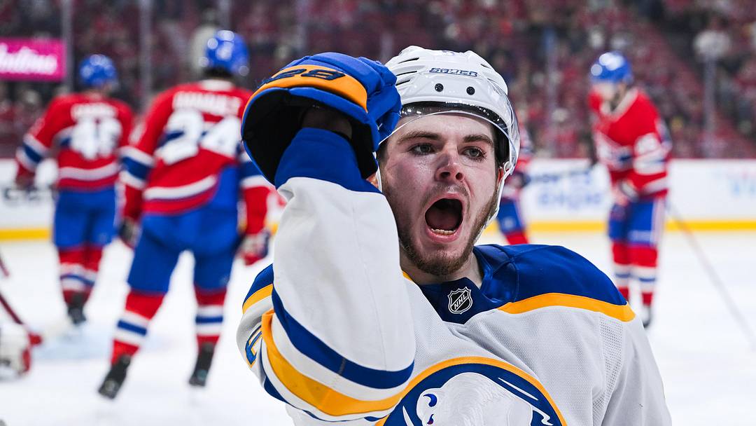 May 16, 2026; Montreal, Quebec, CAN; Buffalo Sabres left wing Zach Benson (6) reacts after scoring a goal against the Montreal Canadiens during the second period in game six of the second round of the 2026 Stanley Cup Playoffs at Bell Centre. Mandatory Credit: David Kirouac-Imagn Images