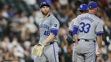 Jul 28, 2024; Chicago, Illinois, USA; Kansas City Royals starting pitcher Alec Marsh (48) leaves a baseball game against the Chicago White Sox during the fifth inning at Guaranteed Rate Field.