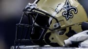 Aug 27, 2023; New Orleans, Louisiana, USA;  Detailed view of the New Orleans Saints helmet during the game against the Houston Texans during the second half at the Caesars Superdome. Mandatory Credit: Stephen Lew-USA TODAY Sports