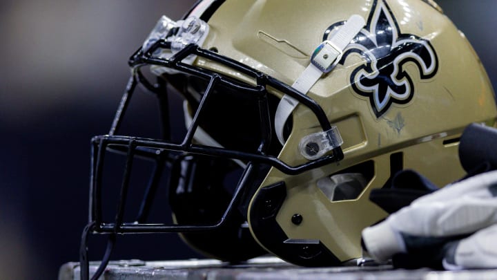 Aug 27, 2023; New Orleans, Louisiana, USA;  Detailed view of the New Orleans Saints helmet during the game against the Houston Texans during the second half at the Caesars Superdome. Mandatory Credit: Stephen Lew-USA TODAY Sports