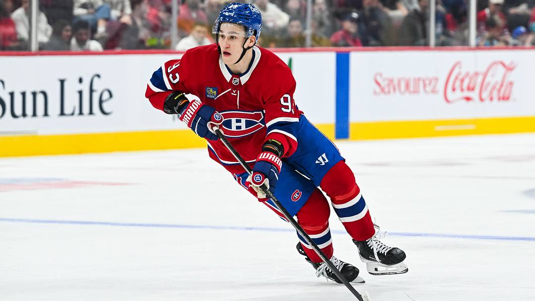 Sep 19, 2026; Montreal, Quebec, CAN; Montreal Canadiens right wing Ivan Demidov  (93) plays the puck against the Toronto Maple Leafs during the second period at Bell Centre. Mandatory Credit: David Kirouac-Imagn Images