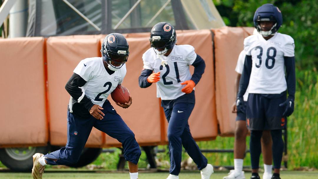 Jul 31, 2026; Lake Forest, IL, USA; Chicago Bears defensive back Coby Bryant (2) runs with the ball during Training Camp at Halas Hall. Mandatory Credit: Kamil Krzaczynski-Imagn Images