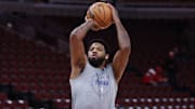 Dec 8, 2024; Chicago, Illinois, USA; Philadelphia 76ers forward Paul George (8) warms up before a basketball game against the Chicago Bulls at United Center. Mandatory Credit: Kamil Krzaczynski-Imagn Images