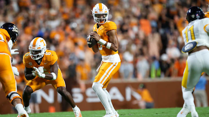 Sep 14, 2024; Knoxville, Tennessee, USA; Tennessee Volunteers quarterback Nico Iamaleava (8) looks to pass the ball against the Kent State Golden Flashes at Neyland Stadium. 