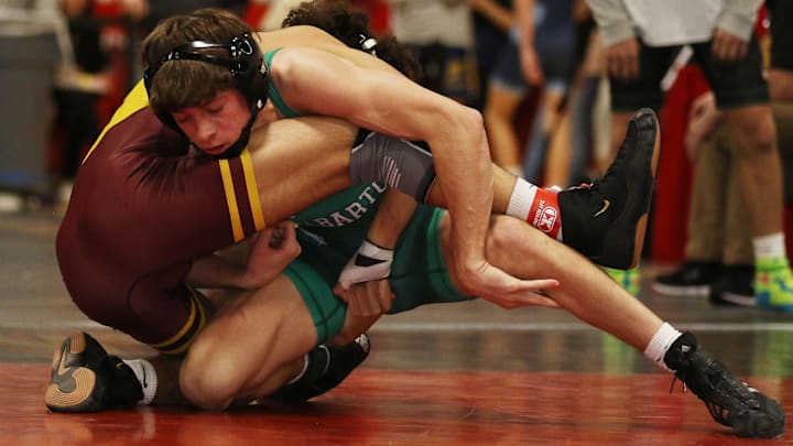 Chase Quenault of Delbarton (right), shown in a match last year, upset the nation's No. 4 wrestler at 138, Caedyn Ricciardi of St. Peter's Prep (NJ), at the Catholic School Duals. Chase Quenault of Delbarton (right), shown in a match last year, upset the nation's No. 4 wrestler at 138, Caedyn Ricciardi of St. Peter's Prep (NJ), at the Catholic School Duals.