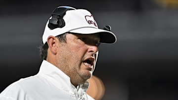 Oct 4, 2025; College Station, Texas, USA; Mississippi State Bulldogs head coach Jeff Lebby reacts during the second quarter against the Texas A&M Aggies at Kyle Field. Mandatory Credit: Maria Lysaker-Imagn Images 