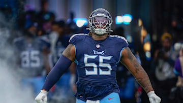 Tennessee Titans offensive tackle JC Latham (55) enters the field before the Titans play the Bengals at Nissan Stadium in Nashville, Tenn., Sunday, Dec. 15, 2024.