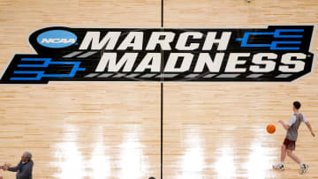 Colgate players run a drill during open practices for 2024 NCAA Tournament teams at FedExForum in