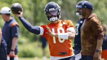 May 31, 2024; Lake Forest, IL, USA; Chicago Bears quarterback Caleb Williams (18) throws the ball during organized team activities at Halas Hall. Mandatory Credit: Kamil Krzaczynski-USA TODAY Sports