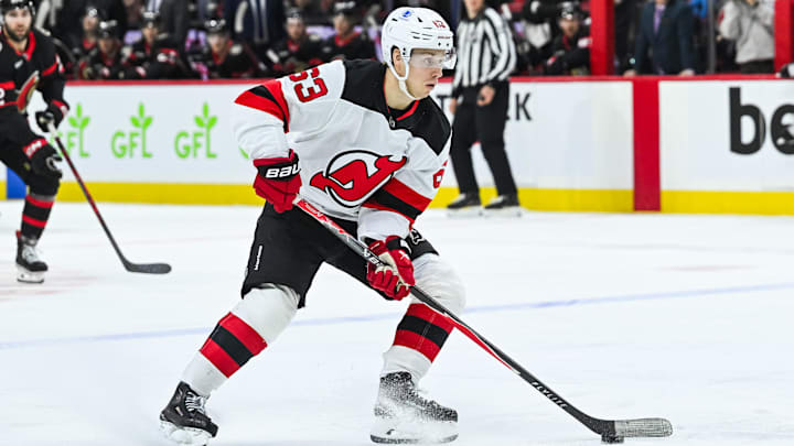 New Jersey Devils left wing Jesper Bratt (63): David Kirouac-Imagn Images