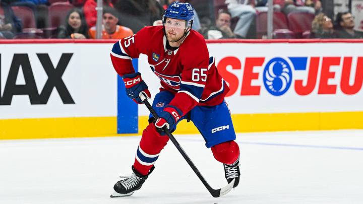 Sep 19, 2026; Montreal, Quebec, CAN; Montreal Canadiens center Luke Mittelstadt (65) plays the puck against the Toronto Maple Leafs  during the second period at Bell Centre. Mandatory Credit: David Kirouac-Imagn Images