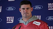 Nov 8, 2024; Munich, Germany; New York Giants quarterback Daniel Jones (8) during press conference at the FC Bayern Munchen training grounds at Sabener Strasse.  Mandatory Credit: Kirby Lee-Imagn Images