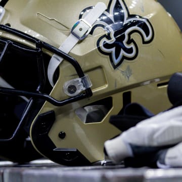 Aug 27, 2023; New Orleans, Louisiana, USA;  Detailed view of the New Orleans Saints helmet during the game against the Houston Texans during the second half at the Caesars Superdome. Mandatory Credit: Stephen Lew-USA TODAY Sports