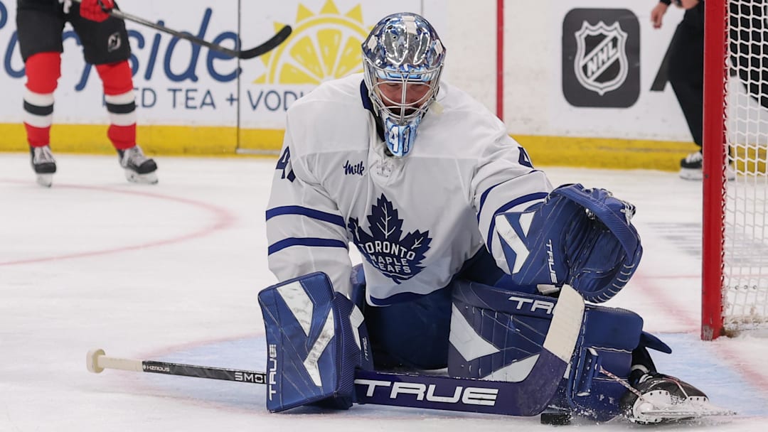 Mar 4, 2026; Newark, New Jersey, USA; Toronto Maple Leafs goaltender Anthony Stolarz (41) makes a save against the New Jersey Devils during the second period at Prudential Center. Mandatory Credit: Ed Mulholland-Imagn Images